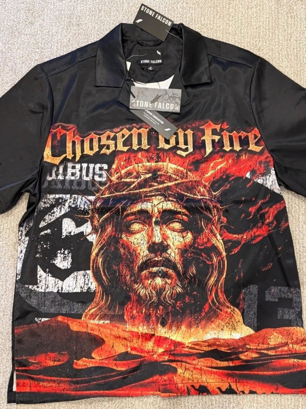 Stone Falcon Mens Graphic Button Up Shirt Skeleton Guitar Jesus Medium NWT Black